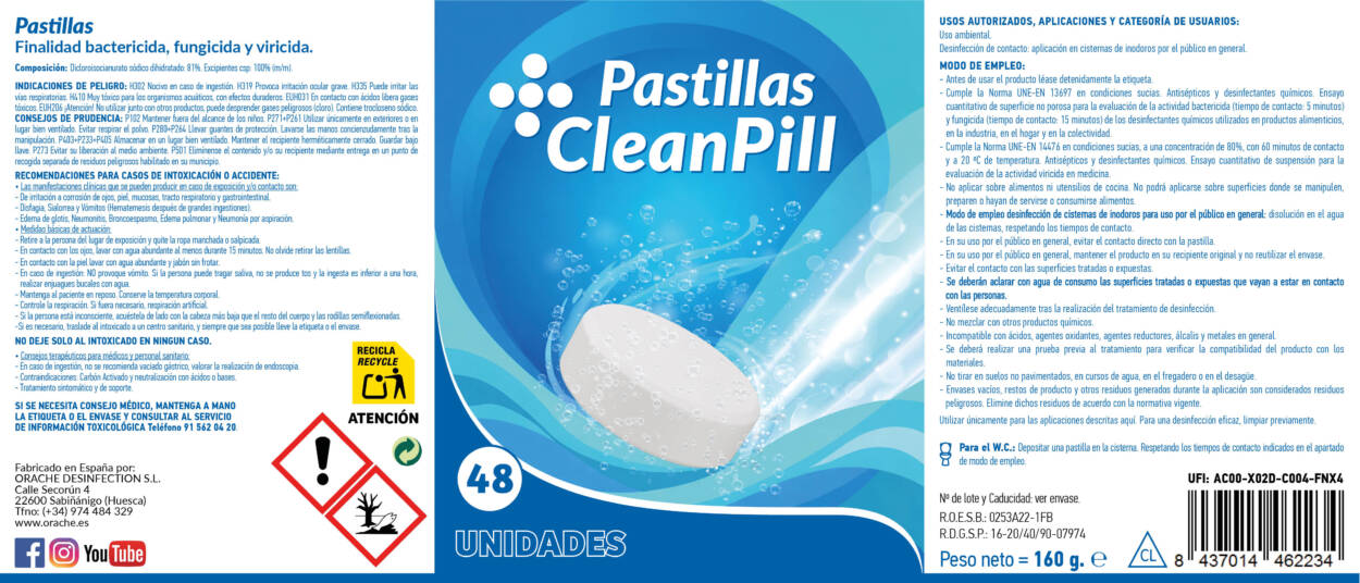 Pastillas Cleanpill, uso general (Bote 48 pastillas de 3,35 gr) - Etiqueta_Desinfectante_Superficies_General_160_1.16_II_SP-ETDES3_WC_2026.jpg