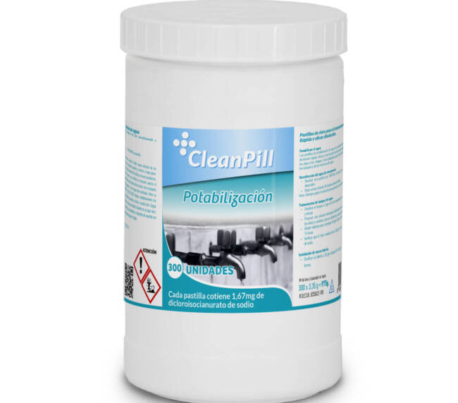 Pastillas Potabilización Cleanpill, agua consumo humano (Bote de 300 pastillas de 3,35 gr)