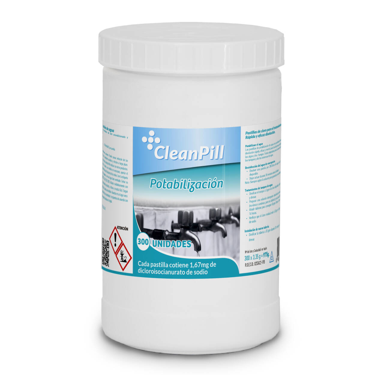 Pastillas Potabilización Cleanpill, agua consumo humano (Bote de 300 pastillas de 3,35 gr) - Bote_Potabilizacion_ct_2-copia.jpg